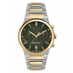 Ferragamo Men’s Swiss Made Quartz Two Tone Stainless Steel Green Dial 41mm Watch SFME01223