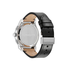 Ferragamo Men’s Swiss Made Quartz Black Leather Strap Black Dial 42mm Watch SFKZ00123