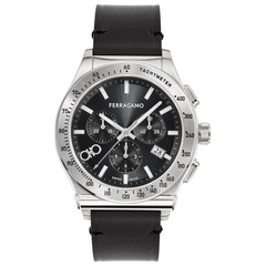 Ferragamo Men’s Swiss Made Quartz Black Leather Strap Black Dial 42mm Watch SFKZ00123