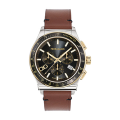 Ferragamo Men’s Swiss Made Quartz Brown Leather Strap Black Dial 42mm Watch SFKZ00323