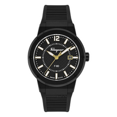 Ferragamo Men’s Swiss Made Quartz Black Silicone Strap Black Dial 44mm Watch SFHY01622