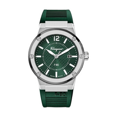 Ferragamo Men’s Swiss Made Quartz Green Silicone Strap Green Dial 44mm Watch SFHY02722