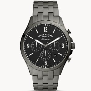 Fossil Men’s Chronograph Quartz Grey Stainless Steel Black Dial 46mm Watch FS5606 Brand New