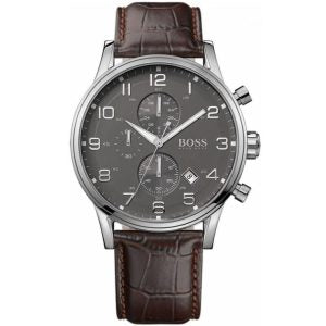 Hugo Boss Men’s Quartz Leather Strap Grey Dial 44mm Watch 1512570