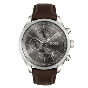 Hugo Boss Men’s Chronograph Quartz Leather Strap Grey Dial 44mm Watch 1513476