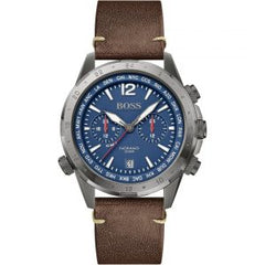 Hugo Boss Men’s Quartz Brown Leather Strap Blue Dial 45mm Watch 1513773