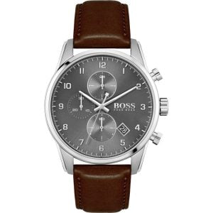Hugo Boss Men’s Quartz Brown Leather Strap Grey Dial 44mm Watch 1513787