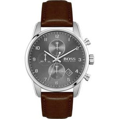 Hugo Boss Men’s Quartz Brown Leather Strap Grey Dial 44mm Watch 1513787