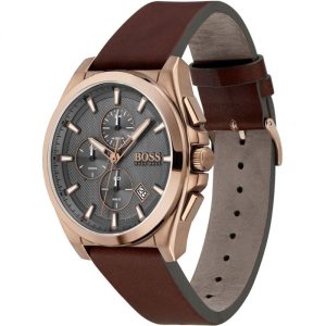 Hugo Boss Men’s Quartz Brown Leather Strap Grey Dial 46mm Watch 1513882