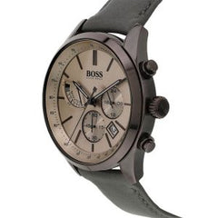 Hugo Boss Men’s Quartz Grey Leather Strap Gold Dial 44mm Watch 1513603