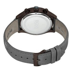 Hugo Boss Men’s Quartz Grey Leather Strap Gold Dial 44mm Watch 1513603