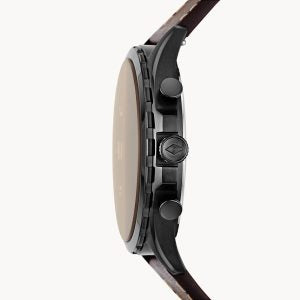 Fossil Men’s Chronograph Quartz Leather Strap Black Dial 46mm Watch FS5608