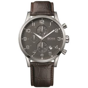 Hugo Boss Men’s Quartz Leather Strap Grey Dial 44mm Watch 1512570