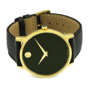 Movado Men’s Quartz Swiss Made Leather Strap Black Dial 40mm Watch 0607195