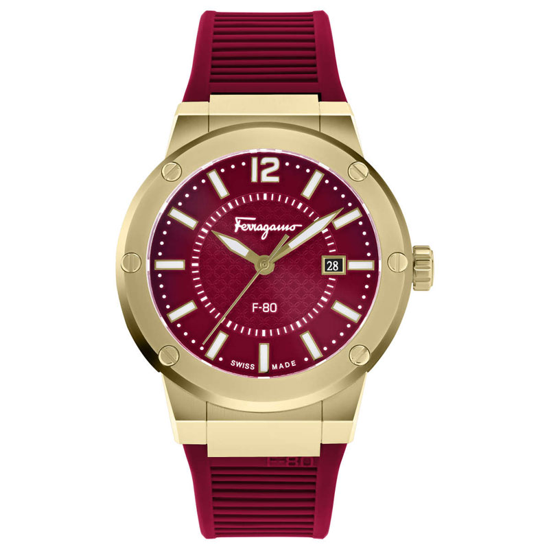 Ferragamo Men’s Swiss Made Quartz Red Silicone Strap Red Dial 44mm Watch SFHY02422