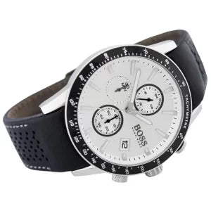Hugo Boss Men’s Chronograph Quartz Leather Strap Silver Dial 44mm Watch 1513403